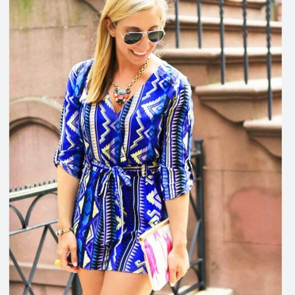 Yumi Kim Women's 100% Silk Blue Aztec Print 3/4 Sleeve Liz Romper, Size S‎ - Picture 1 of 6